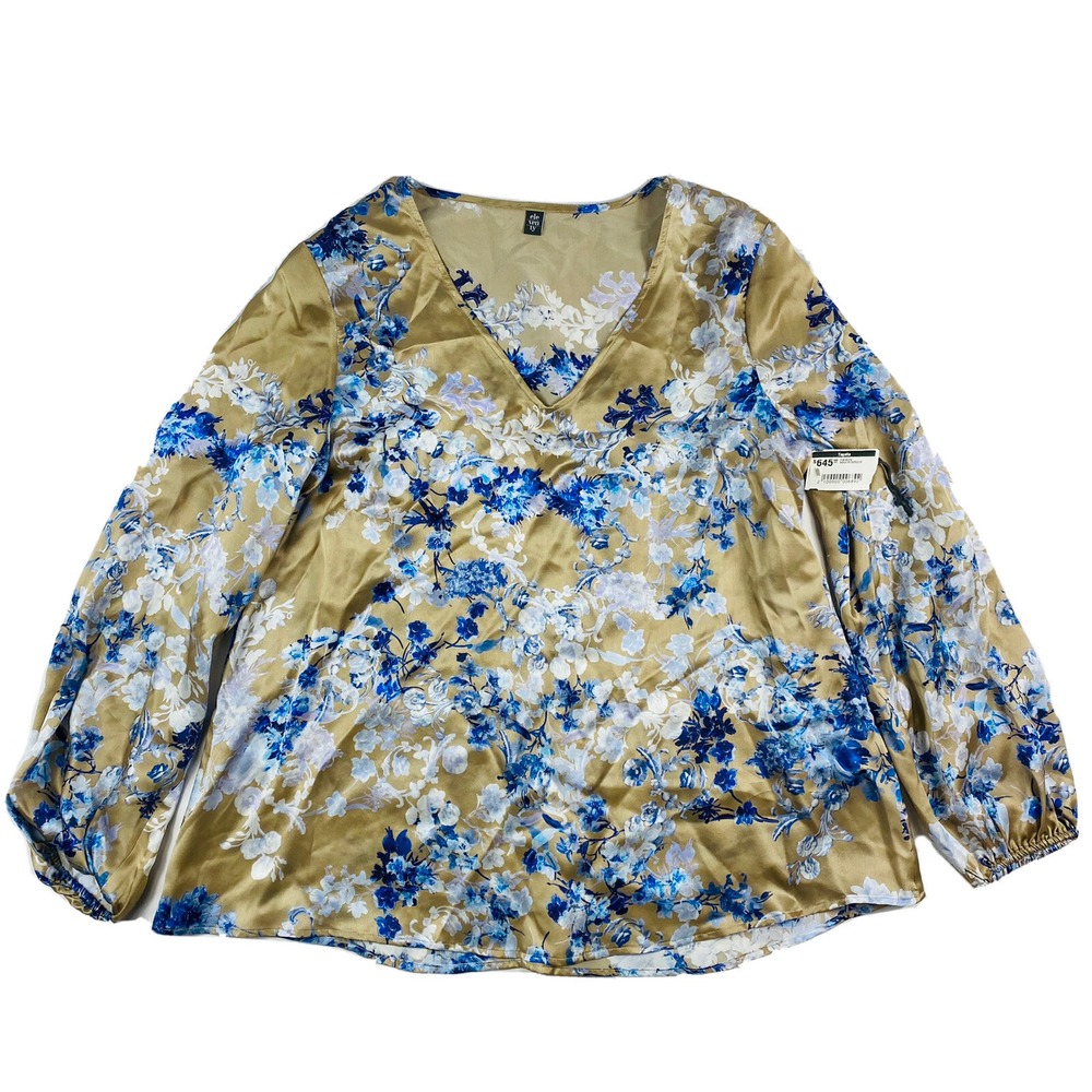 Eleventy Tan Blue Floral Pure Silk V Neck Blouse Size 6 NWT 8052791875512